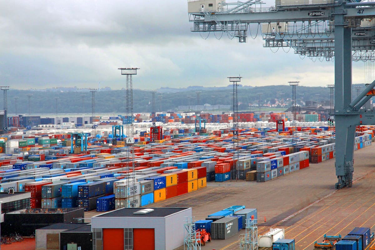 Containers stacked at a terminal between vessel calls.