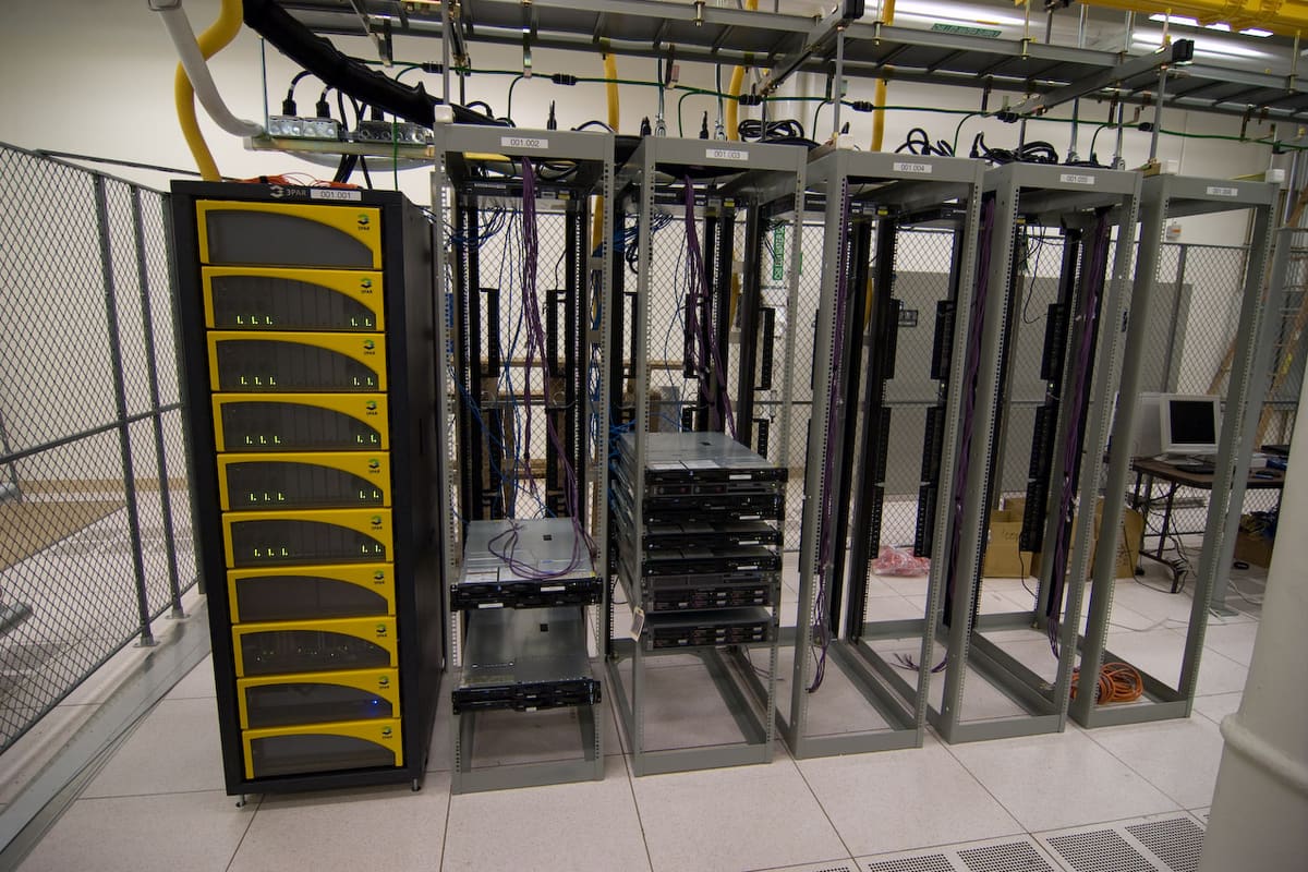 Equipment racks at a repair and refurbishment facility.